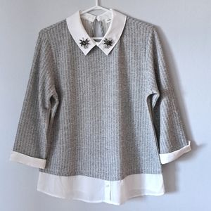 Sparkly Grey Sweater with Rhinestone Collar